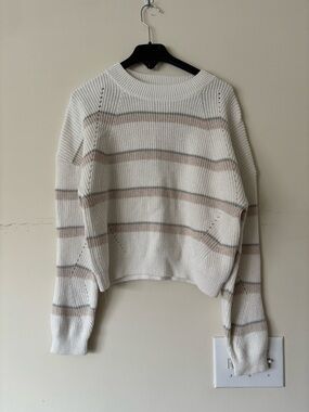 Amour Vert Cream Stripe Pointelle Crop Crew Neck Sweater